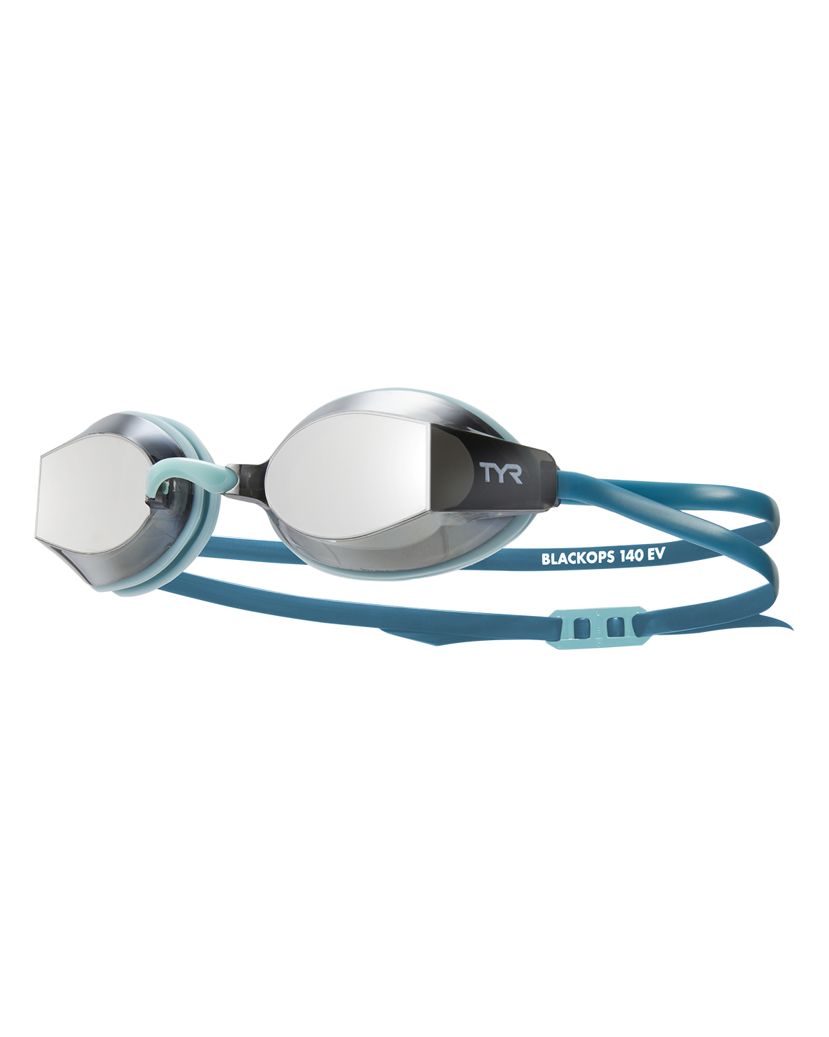 TYR BlackOps 140 EV racing goggles with blue straps and mirrored lenses