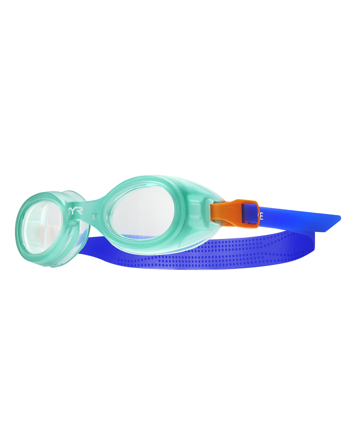 TYR Aqua Blaze kids swimming goggles with mint green frame and blue strap