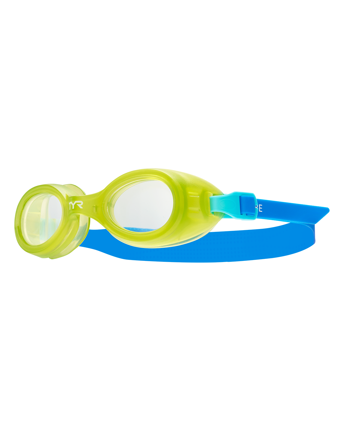 TYR Aqua Blaze kids swimming goggles with yellow frame and blue strap