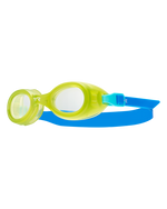 TYR Aqua Blaze kids swimming goggles with clear yellow frame and blue strap