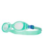 TYR Aqua Blaze kids swimming goggles in clear light green with blue strap accents
