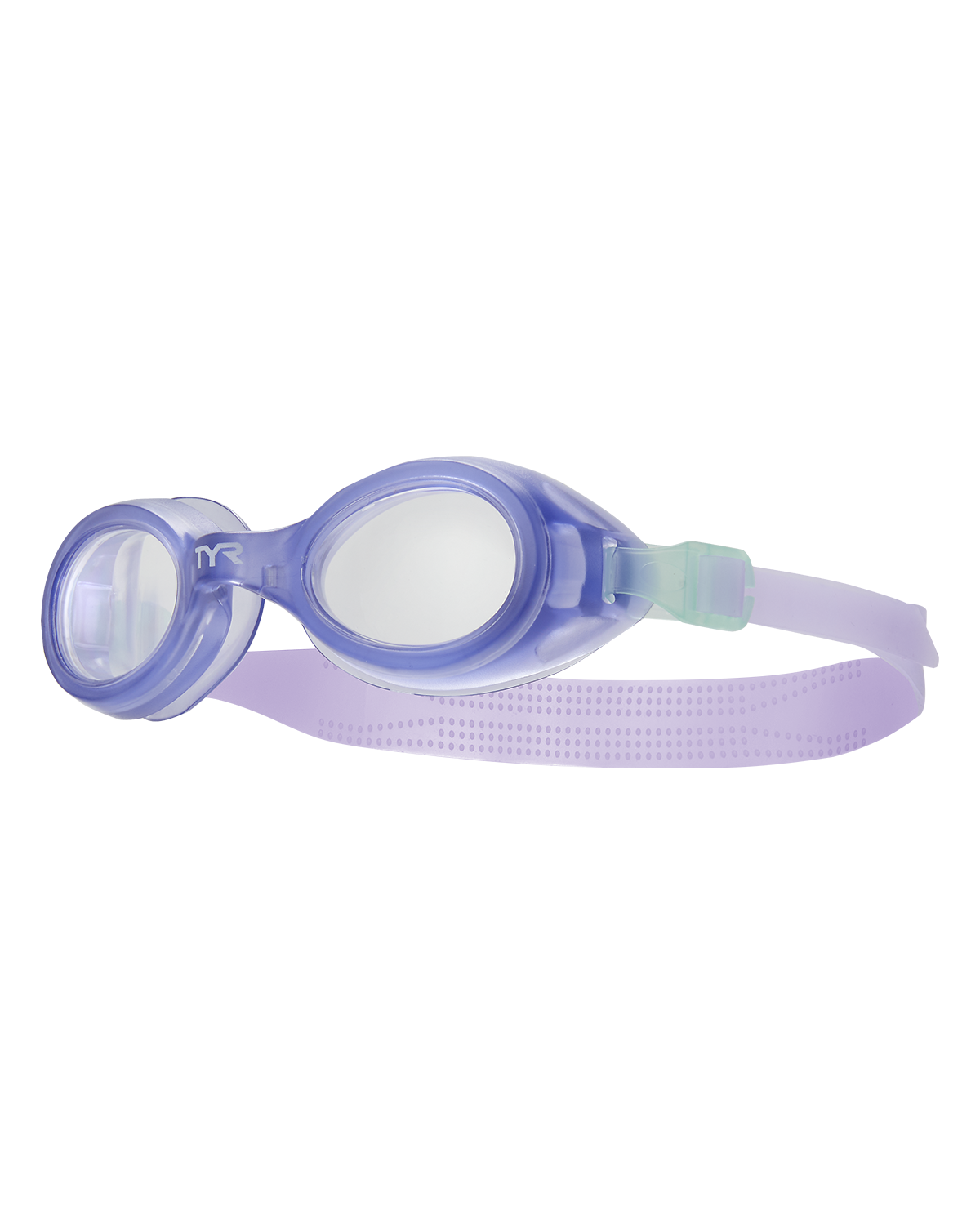 TYR Aqua Blaze kids swimming goggles in clear light blue and purple colorway
