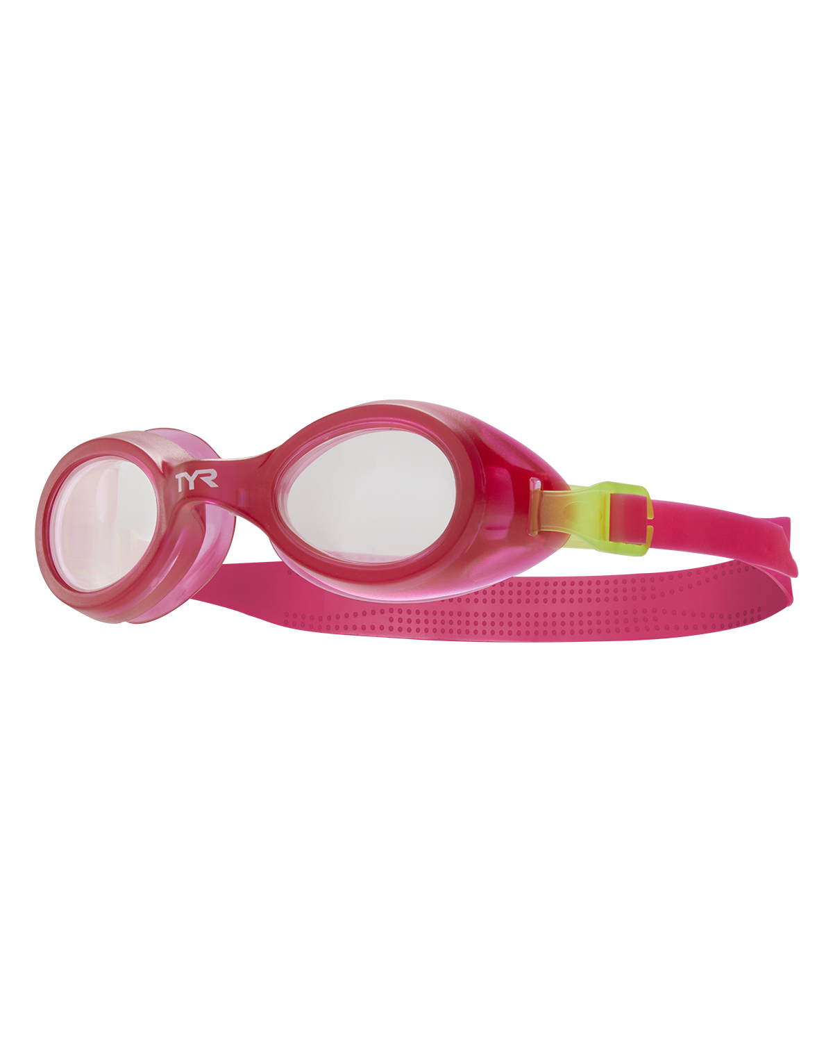 TYR Aqua Blaze kids swimming goggles in raspberry pink with green accents