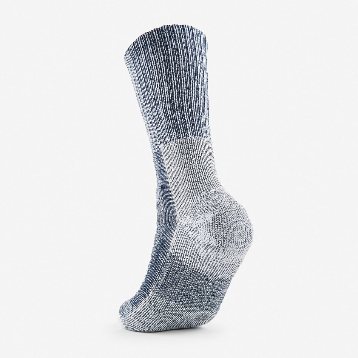 Thorlos hiking crew sock in grey and navy blue marl knit texture, side view