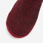 Thorlos women's hiking crew sock toe closeup in burgundy red marl wool blend