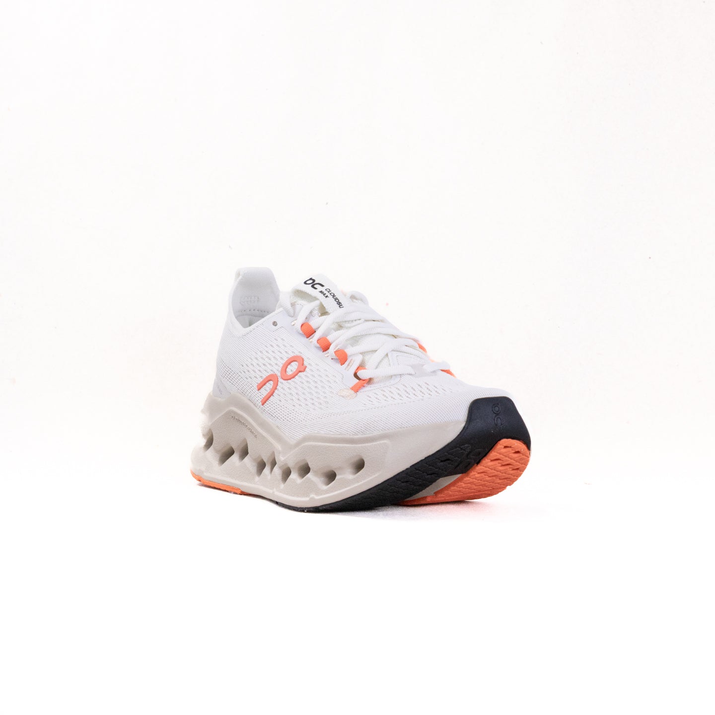 On Cloudsurfer Max women's running shoe in white with orange accents