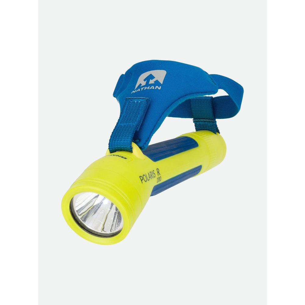 Nathan Polaris 200 R running flashlight in safety yellow with blue hand strap