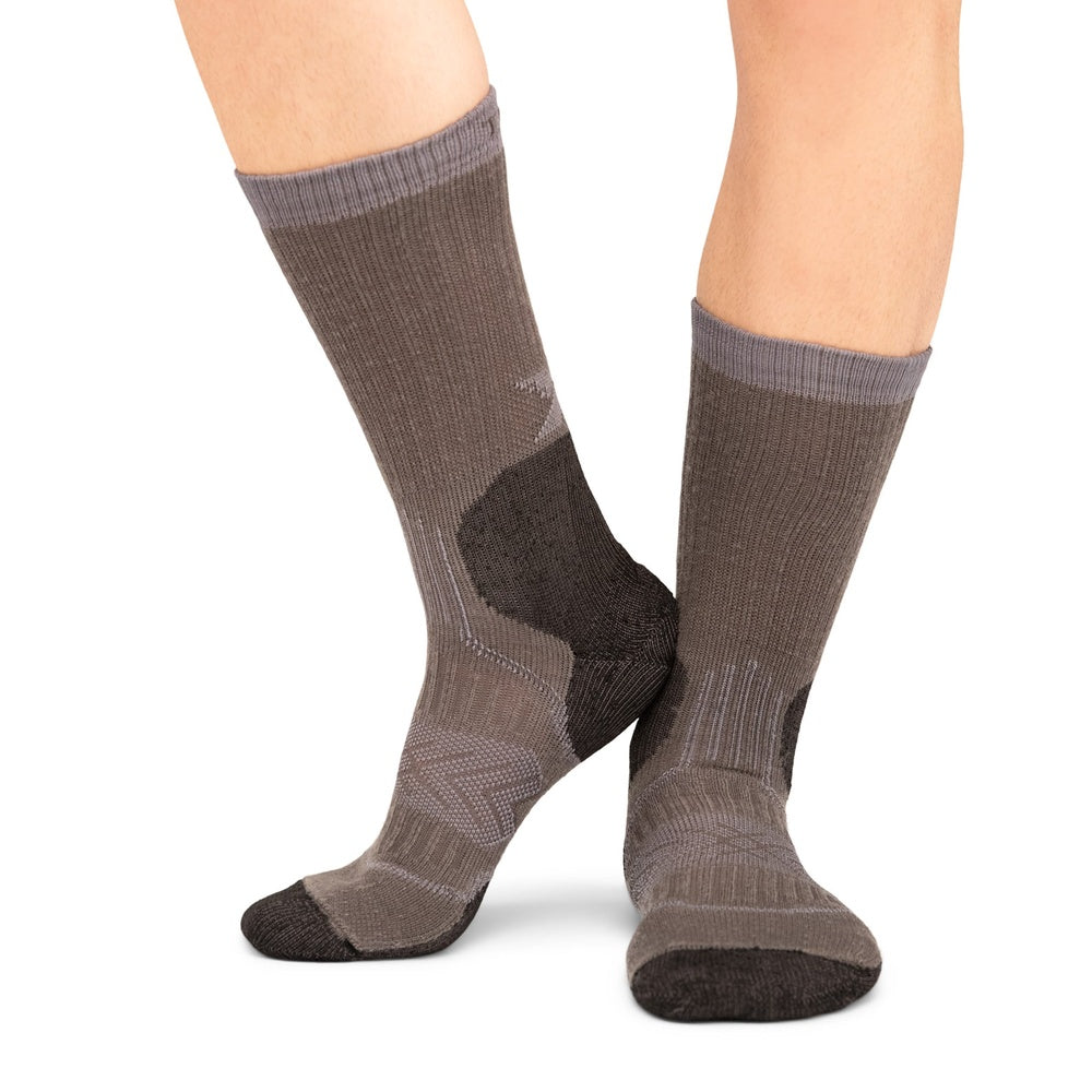 Thorlos Outdoor Crew socks in silver fox gray with black reinforced zones on model