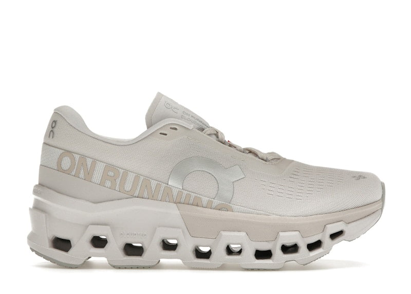 On Cloudmonster 2 running shoes in sand/frost colorway with distinctive cloud sole