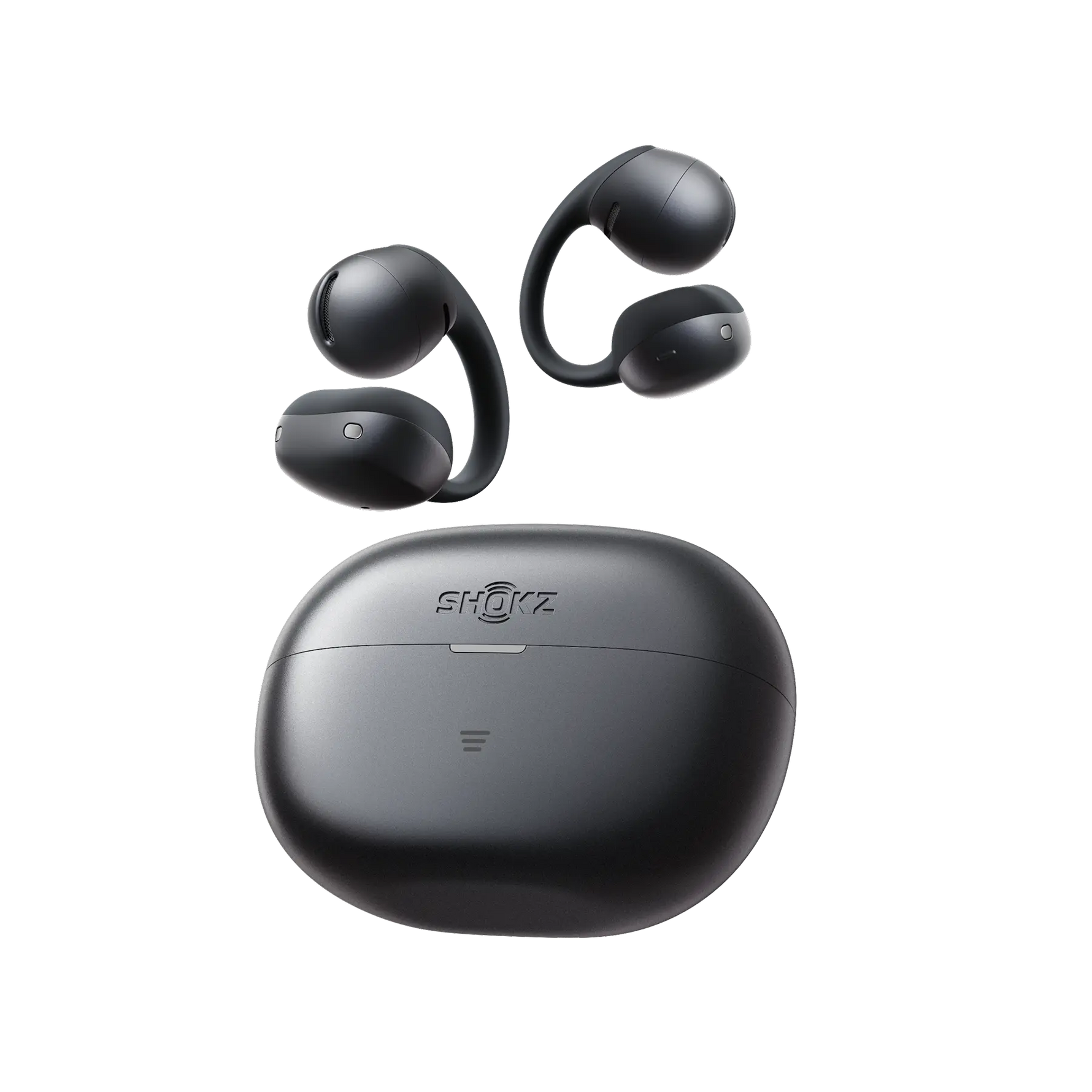 Shokz OpenDots Air black wireless open-ear earbuds with charging case