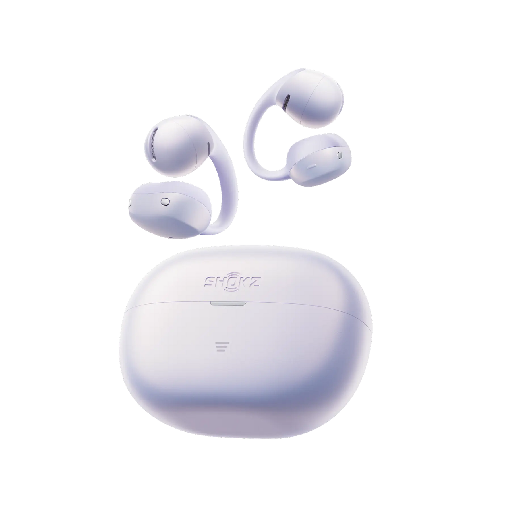 Shokz OpenDots Air open-ear wireless earbuds with charging case in lavender purple