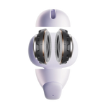 Shokz OpenDots Air true wireless earbuds exploded view showing internal speaker drivers in purple