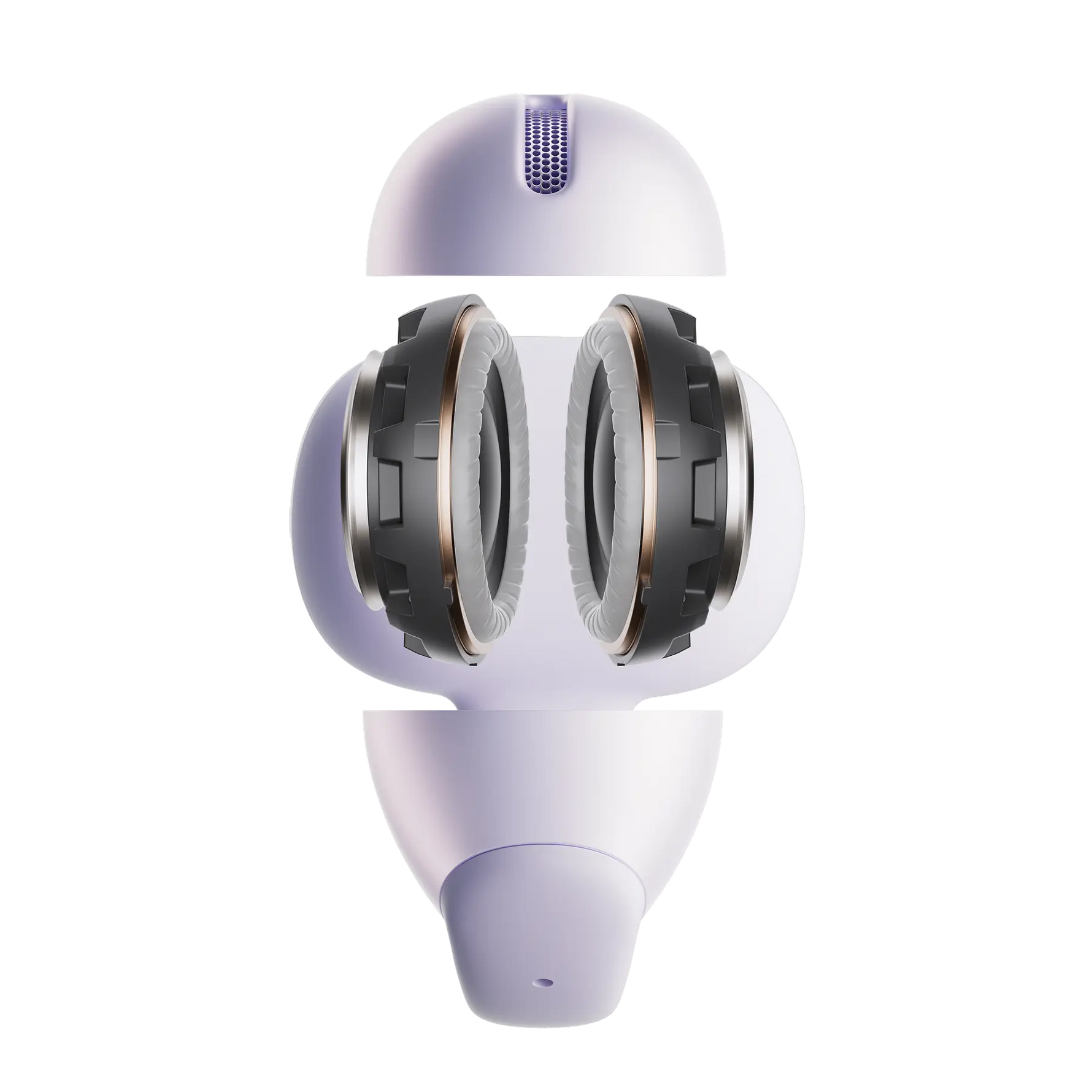 Shokz OpenDots Air true wireless earbuds exploded view showing internal speaker drivers in purple