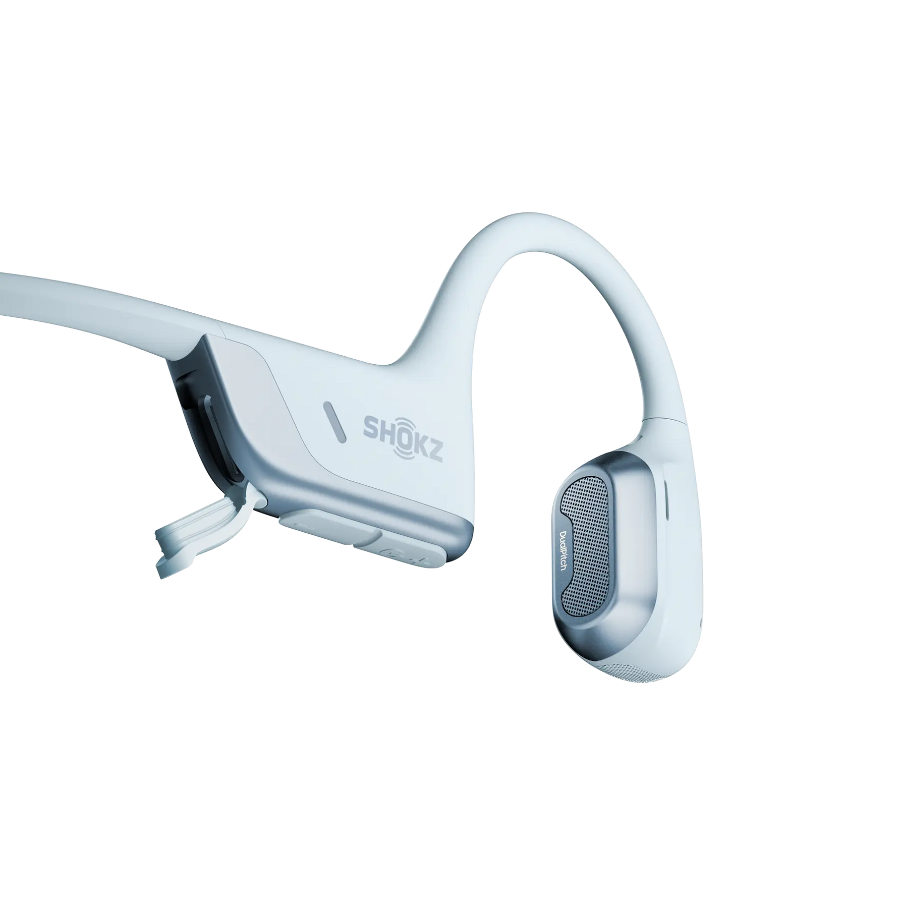 Shokz OpenRun Pro 2 bone conduction headphones in silver with clean white background