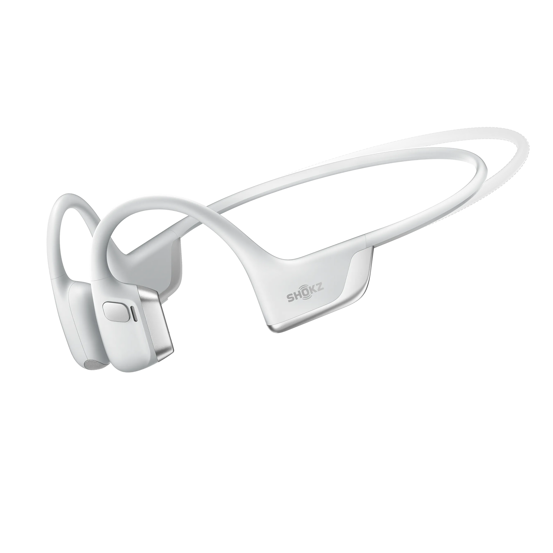 White Shokz bone conduction headphones with open-ear design and wraparound frame