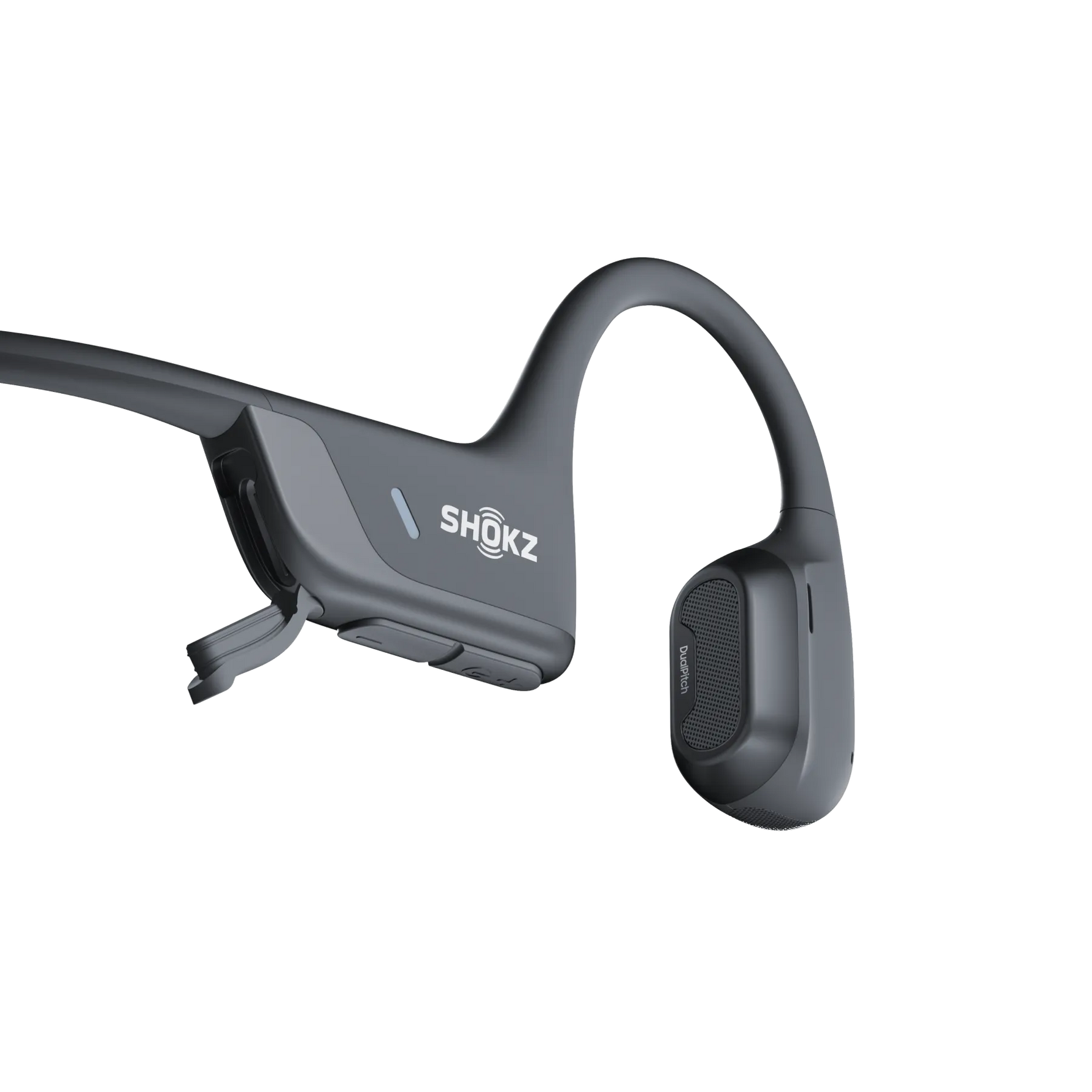Shokz bone conduction headphones in dark gray with open-ear design