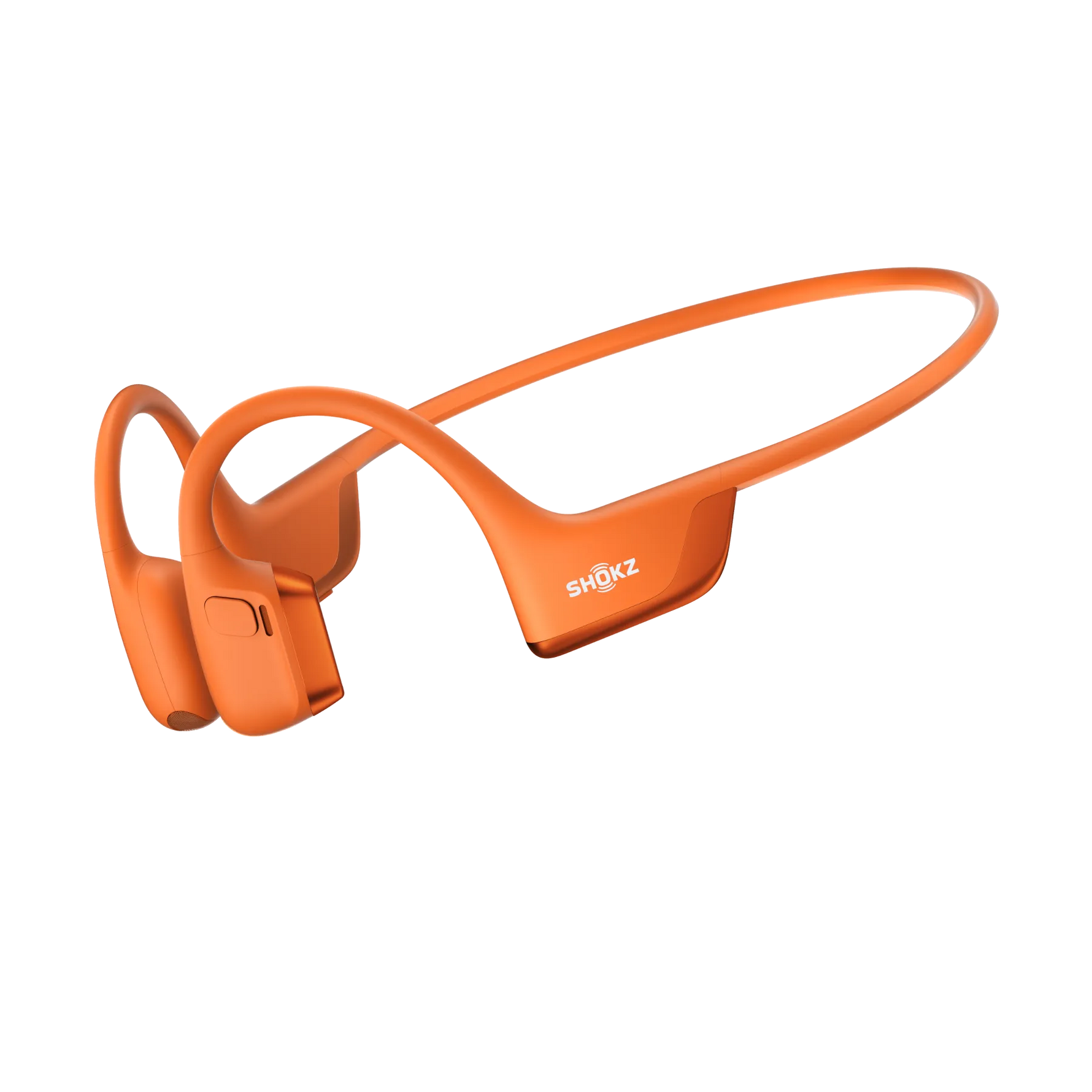 Orange Shokz bone conduction headphones with wraparound design on white background