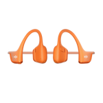 Orange Shokz bone conduction headphones with curved ear hooks on white background