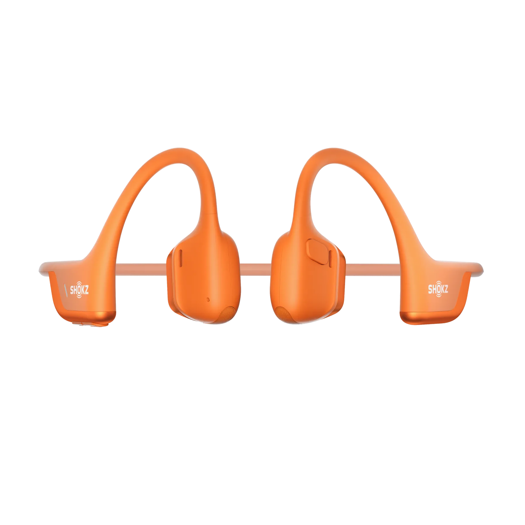 Orange Shokz bone conduction headphones with curved ear hooks on white background