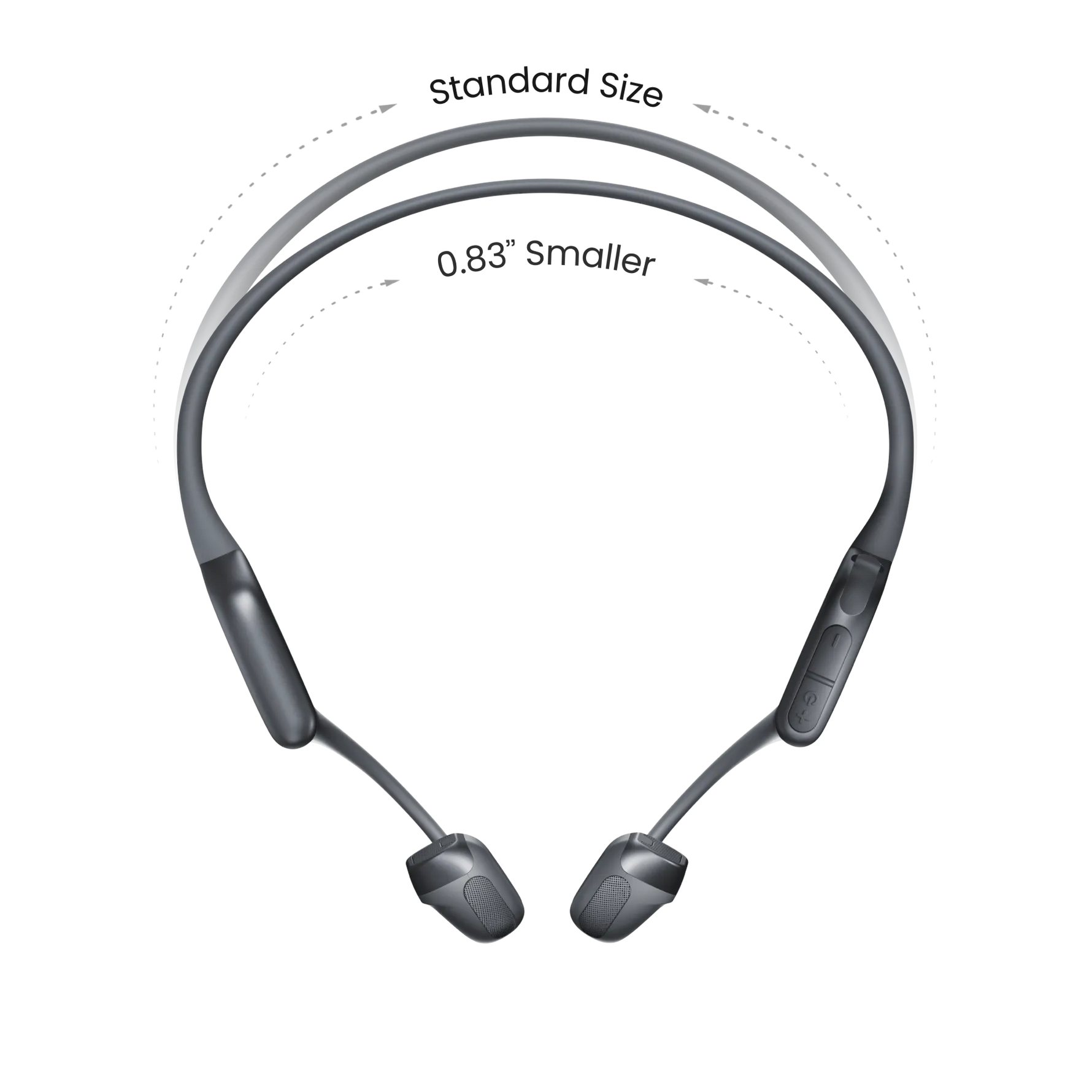 Shokz OpenRun Pro 2 bone conduction headphones in dark gray showing size comparison
