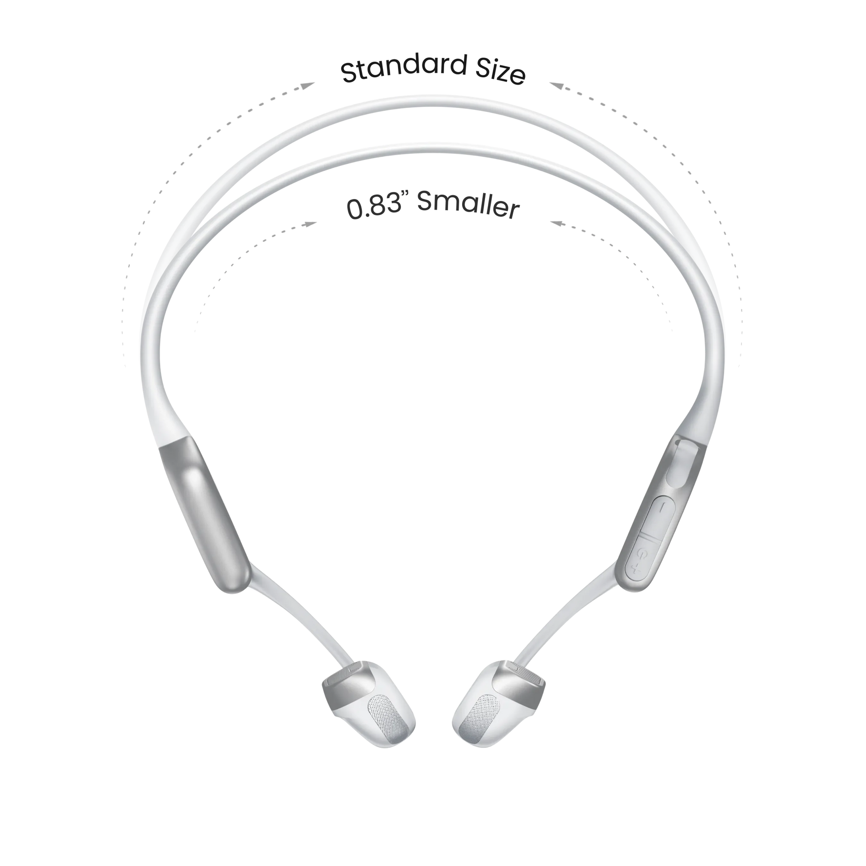 Shokz OpenRun Pro 2 bone conduction headphones in white with size comparison diagram