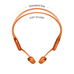 Orange Shokz OpenRun Pro 2 bone conduction headphones showing size comparison on white background