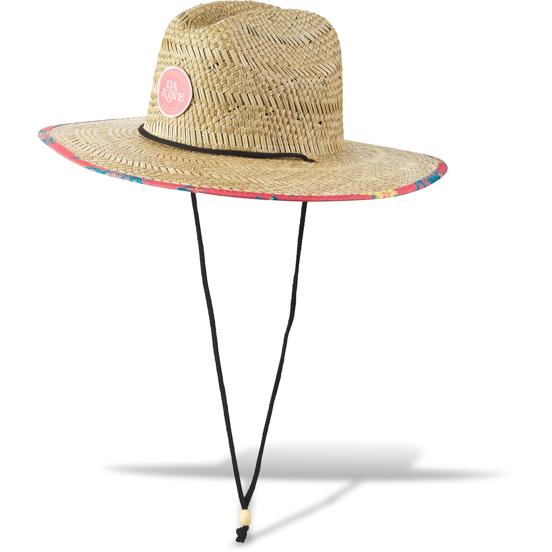 Dakine Pindo straw hat with abstract palm pattern brim and adjustable chin strap