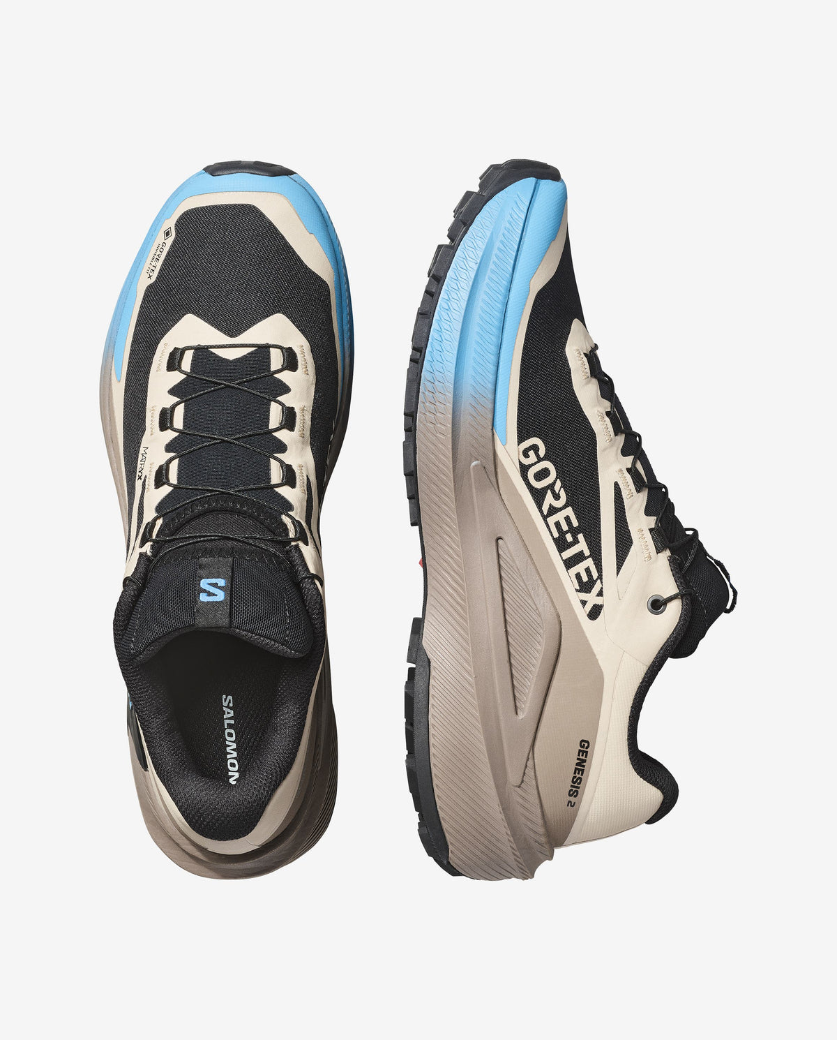 Salomon Genesis 2 GTX trail shoes shown from top and side views, sand and blue colorway