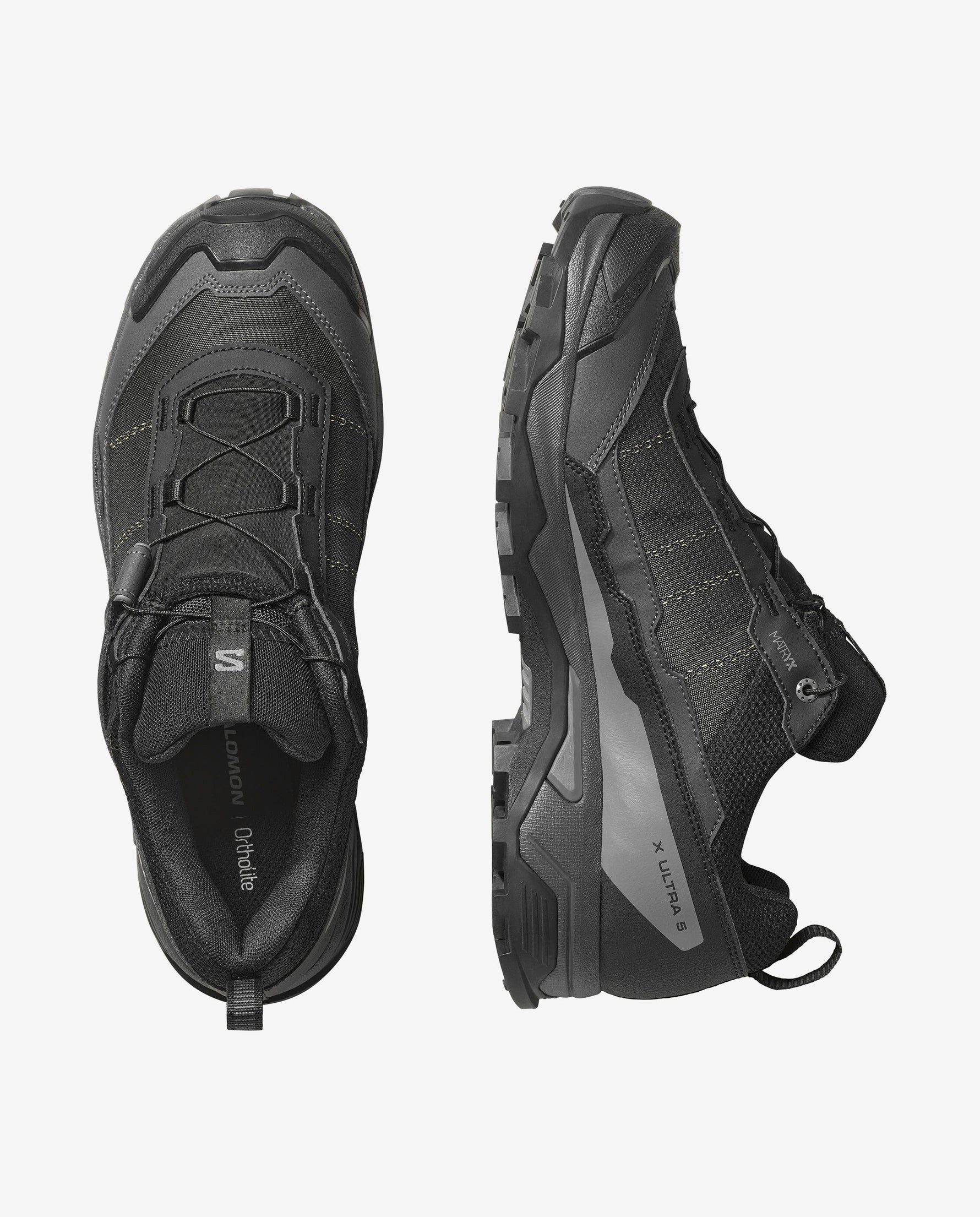 Salomon X Ultra 5 GTX hiking shoes in black and asphalt, top and side views
