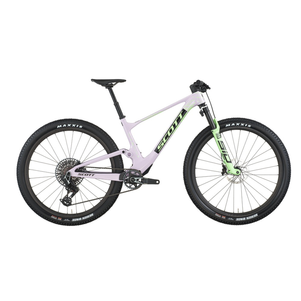 Scott Spark RC World Cup mountain bike in Hush Purple with green suspension fork