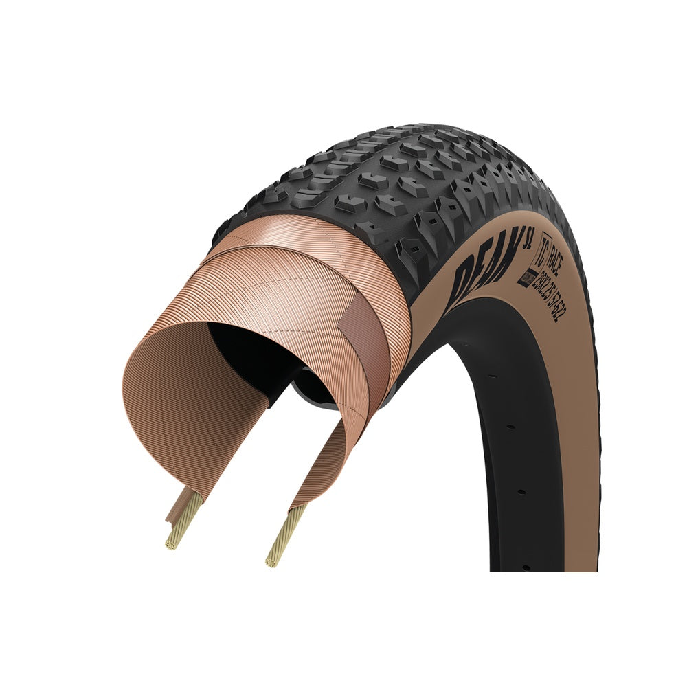 Goodyear Peak SL Race tubeless mountain bike tire with cross-section view showing internal construction