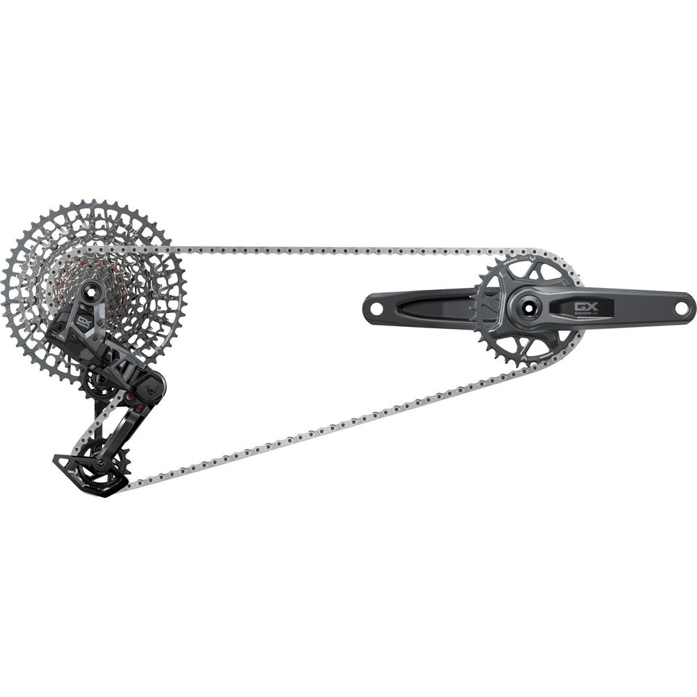 SRAM GX T-Type build kit showing cassette, rear derailleur, crankset, and chain