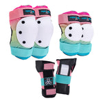 Triple Eight protective pad set with knee pads, elbow pads, and wrist guards in gradient fade colors