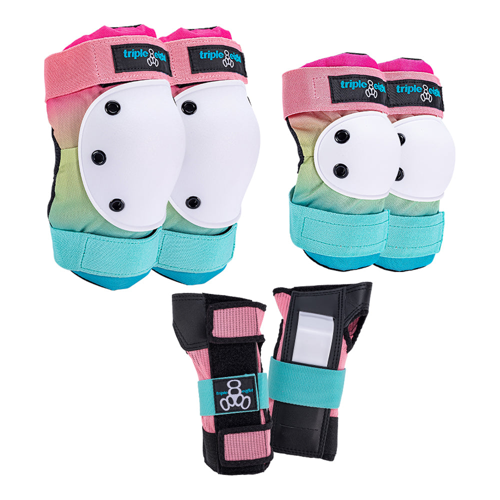 Triple Eight Saver-3 protective pad set with knee, elbow and wrist guards in shaved ice fade colorway
