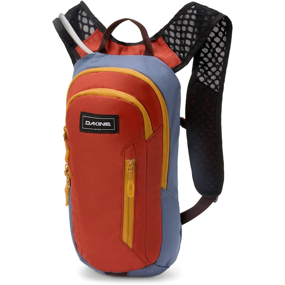 Dakine colorblock backpack in blue, red and yellow with mesh shoulder straps
