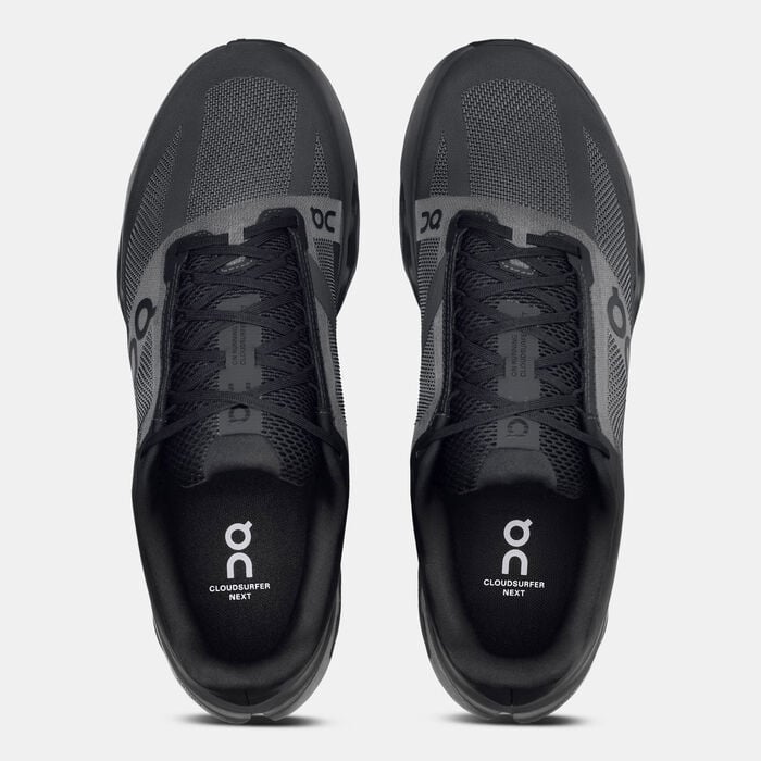 On Cloudsurfer Next men's running shoes top view showing insole branding and lacing system in black