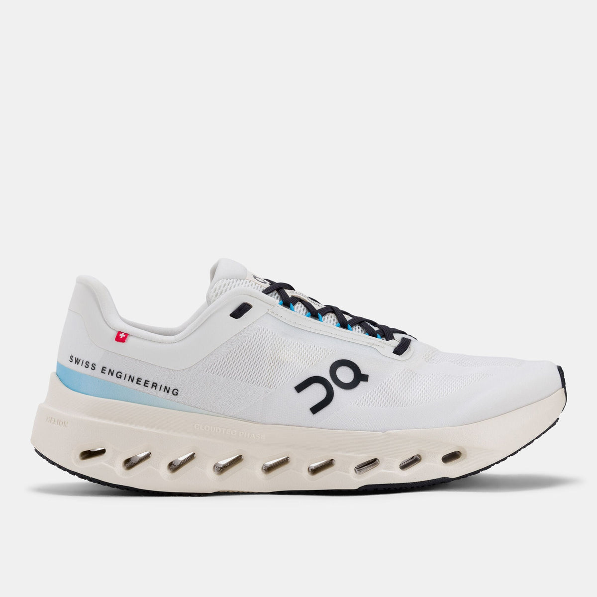 On Cloudsurfer Next men's running shoe in ivory and dew colorway, lateral view