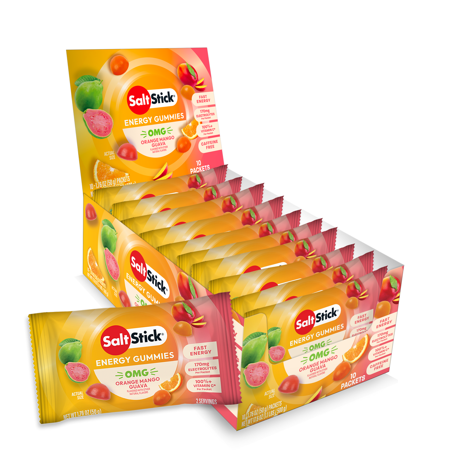 SaltStick OMG Orange Mango Guava Energy Gummies single packet and display box set