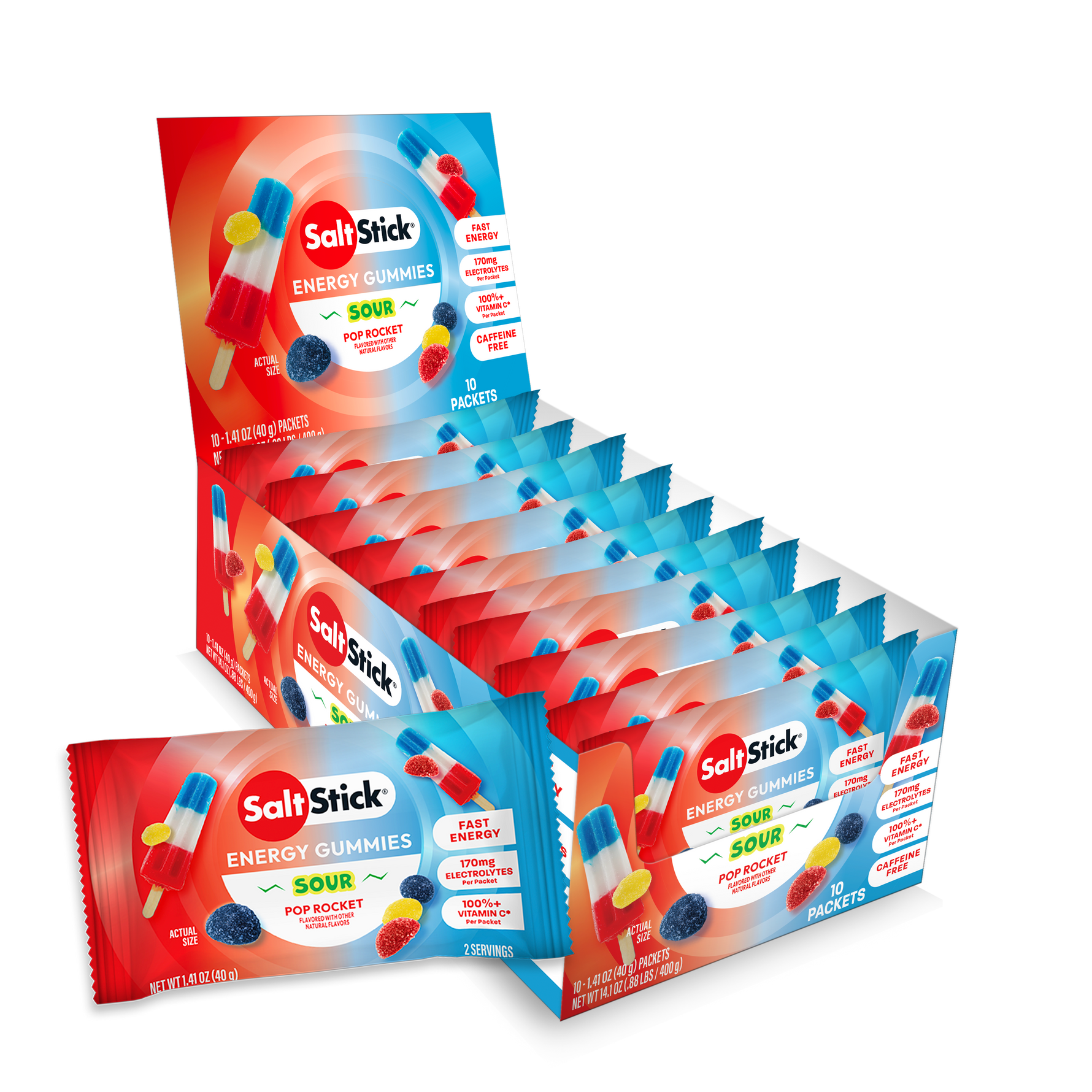 SaltStick Sour Pop Rocket Energy Gummies single packet and 10-count display box