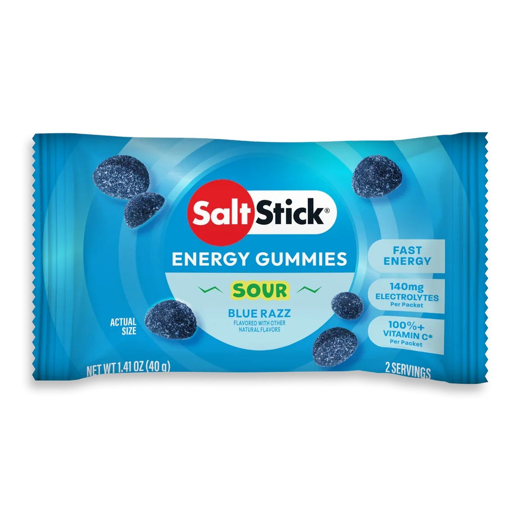 SaltStick Sour Blue Razz Energy Gummies single packet, 1.41oz, 2 servings, blue packaging