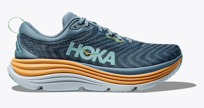 HOKA Gaviota 5 men's running shoe in shadow blue with orange midsole, lateral view