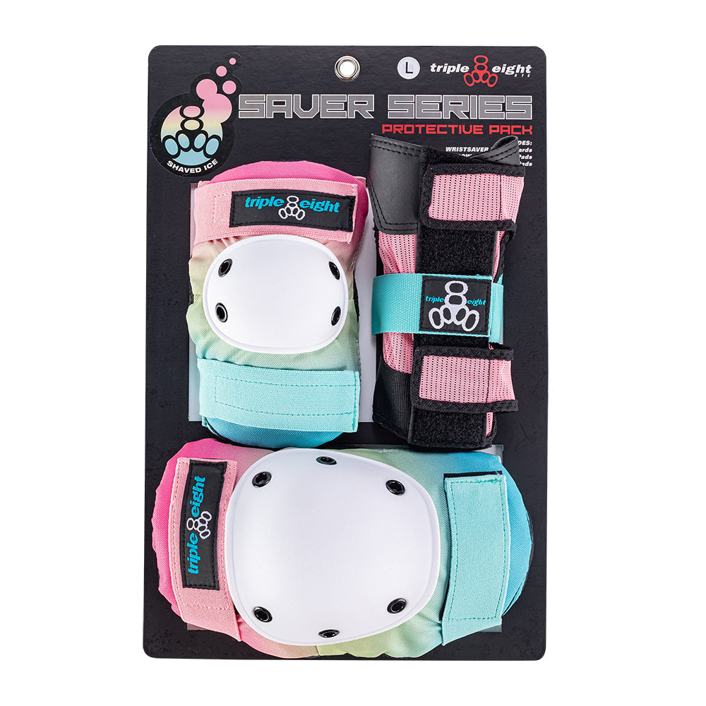 Triple Eight Saver Series protective pad set with shaved ice fade colorway