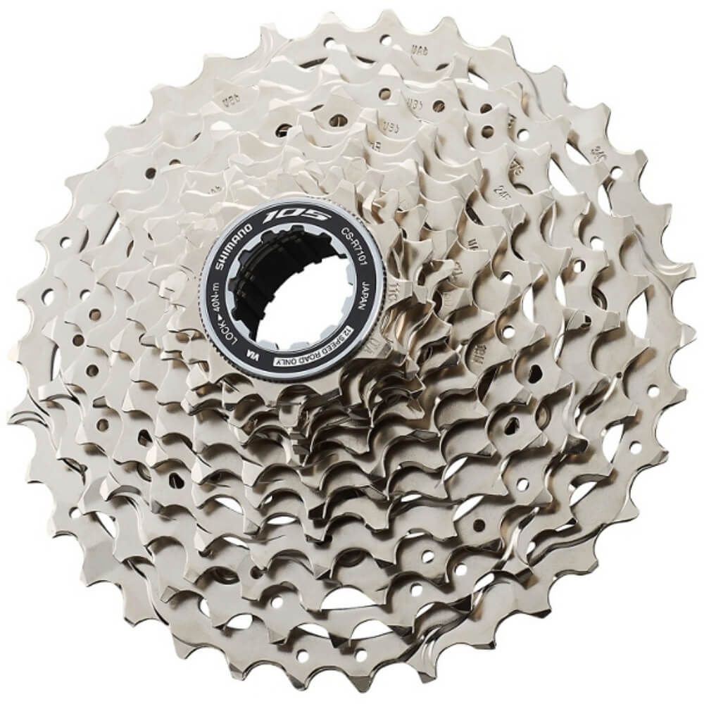 Shimano 105 CS-R7101 12-speed cassette sprocket with silver finish on white background