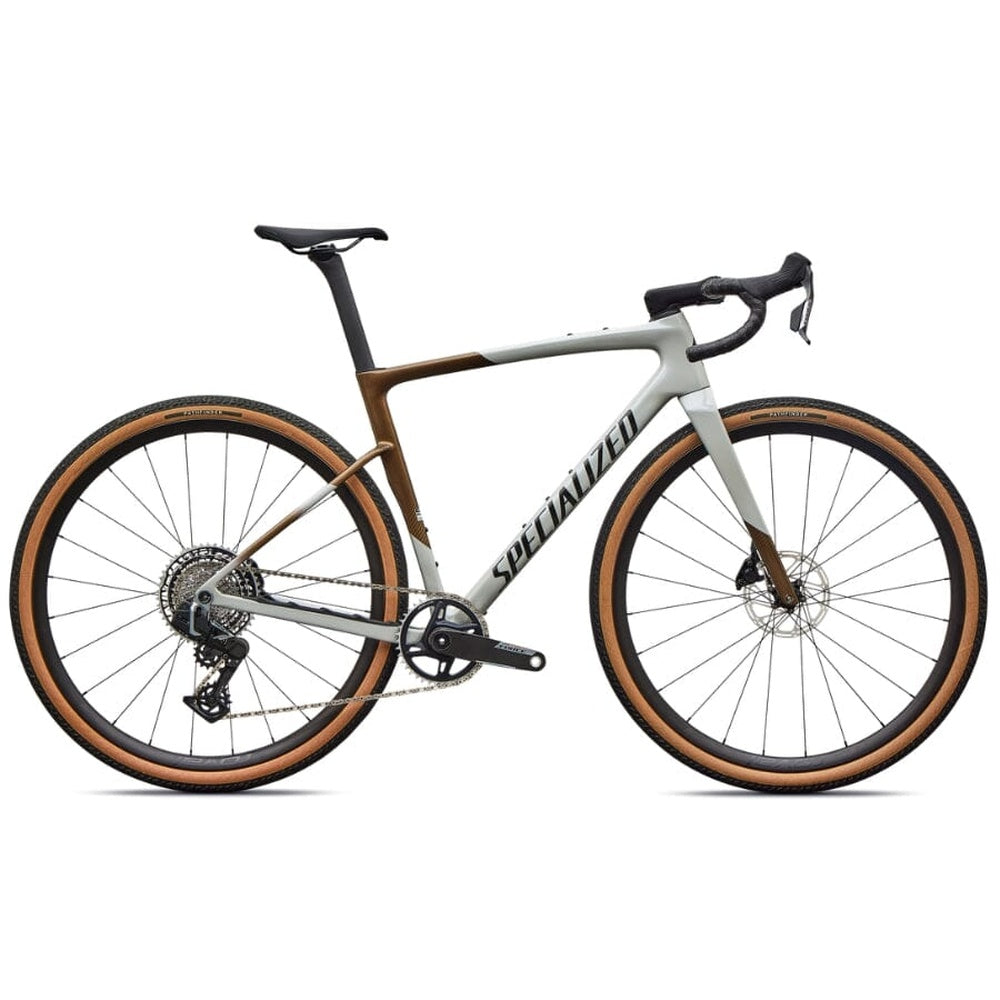 Specialized Crux Expert gravel bike in Burnt Gold and Dolomite Metallic colorway, side profile view