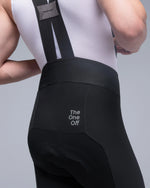 TheOneOff Xenon Bib Short in Future Black, rear view on model showing straps and waistband