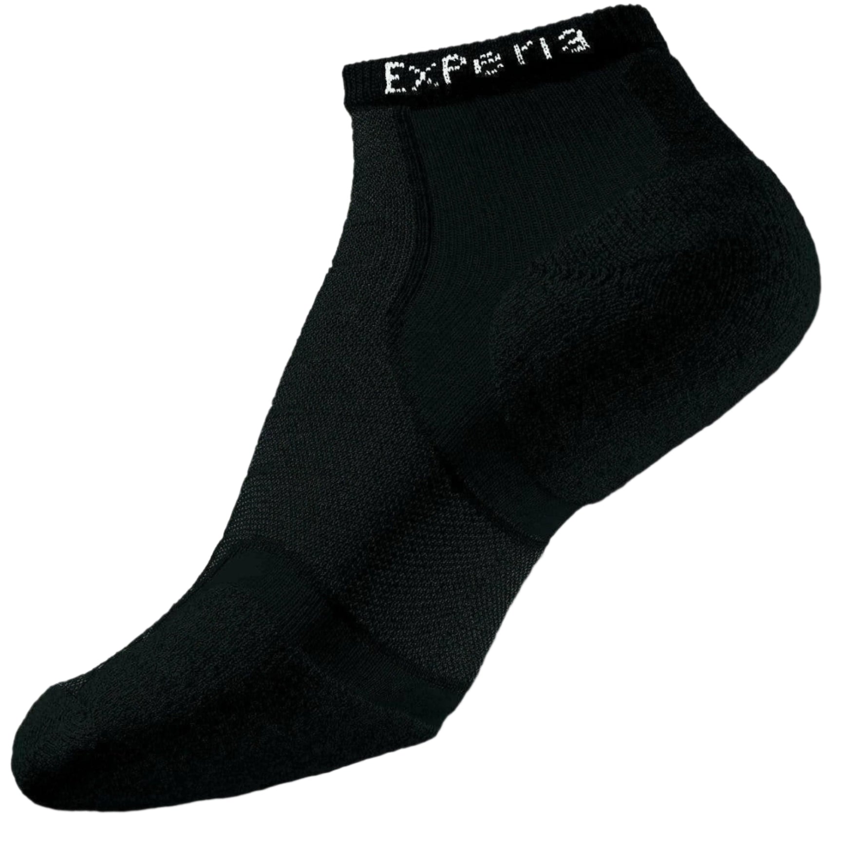 Experia black low-cut athletic running sock with cushioned sole and ankle support