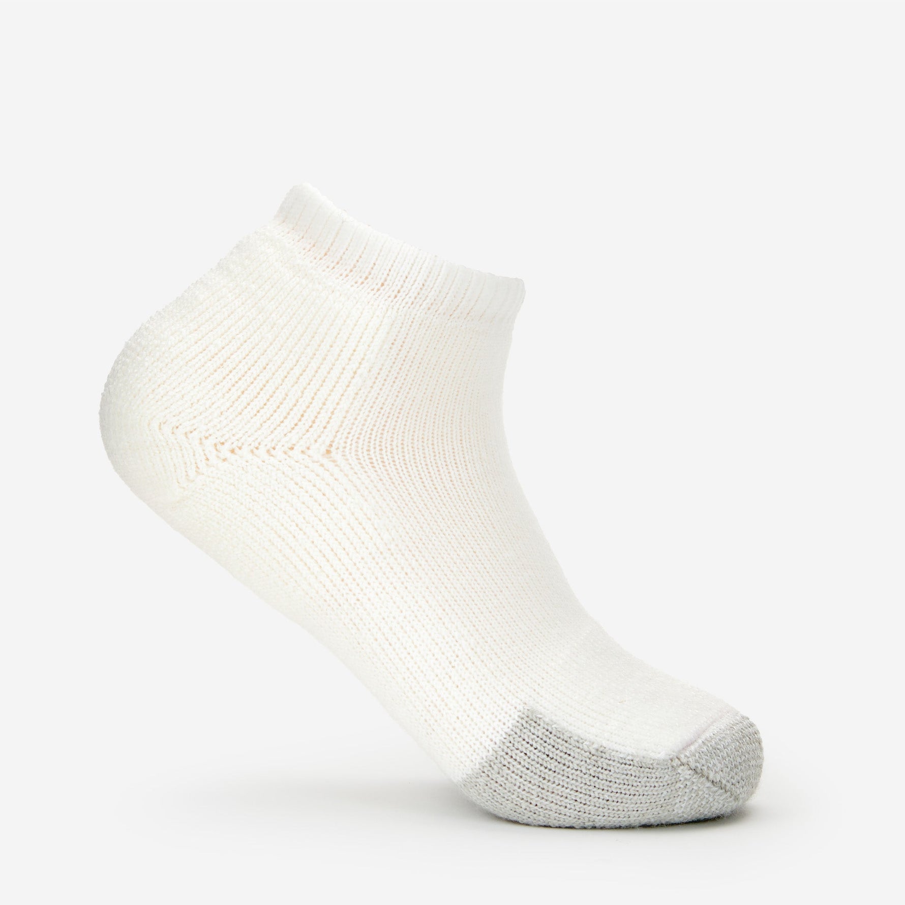 Thorlos white ankle low cut tennis sock with gray reinforced toe cushioning