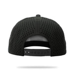 Black perforated snapback hat with ventilation holes, back view showing adjustable closure