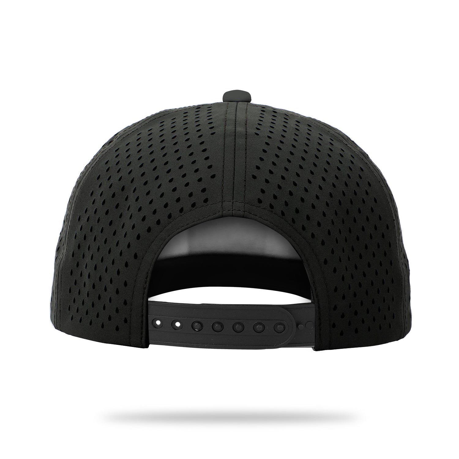 Black perforated snapback hat with ventilation holes, back view showing adjustable closure