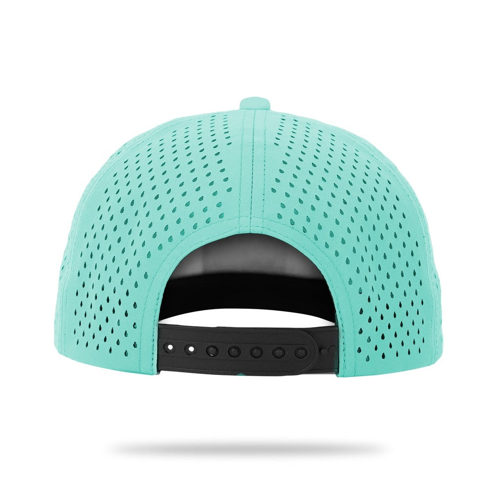 Mint green perforated snapback hat with black adjustable strap, rear view